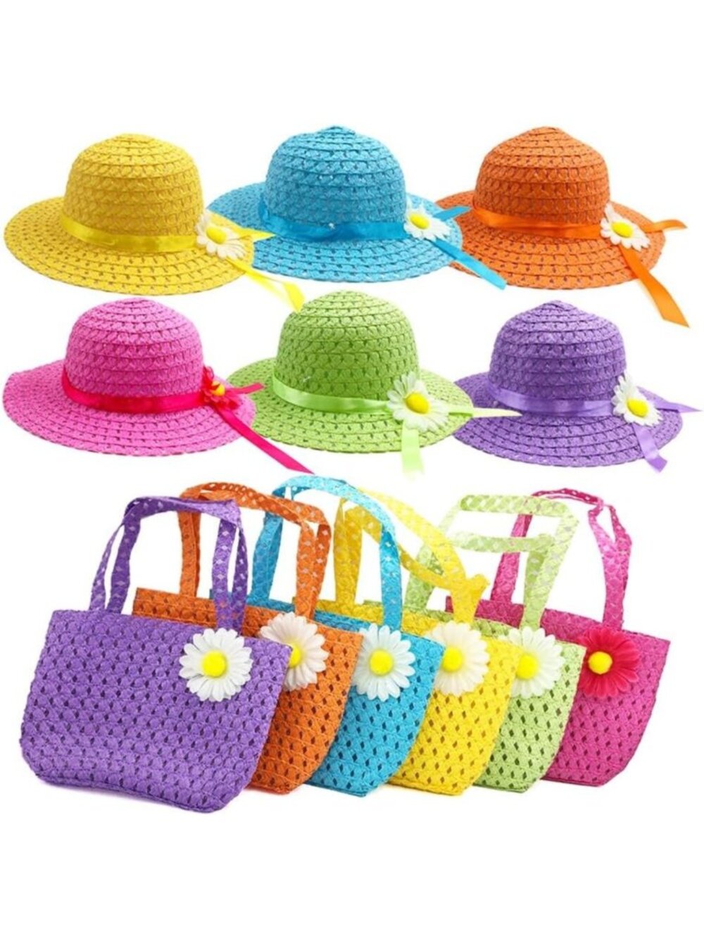 6 Sets Girls' Straw Sun Hat & Purse - Perfect for Tea Parties, Birthdays